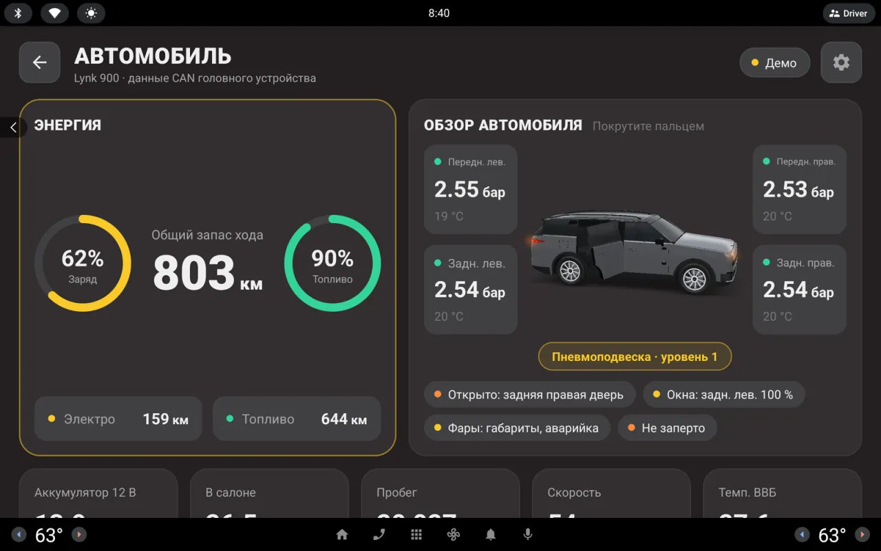 3D-модель с открытой задней правой дверью, габаритами и аварийкой